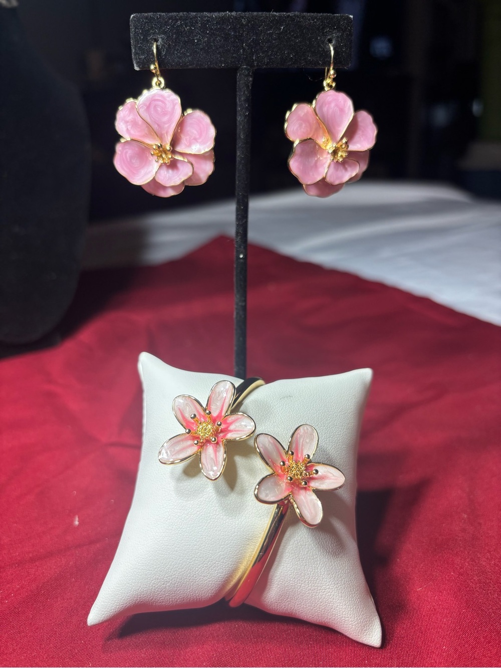 New Pink Floral Enamel Drop Earrings &   Bracelet